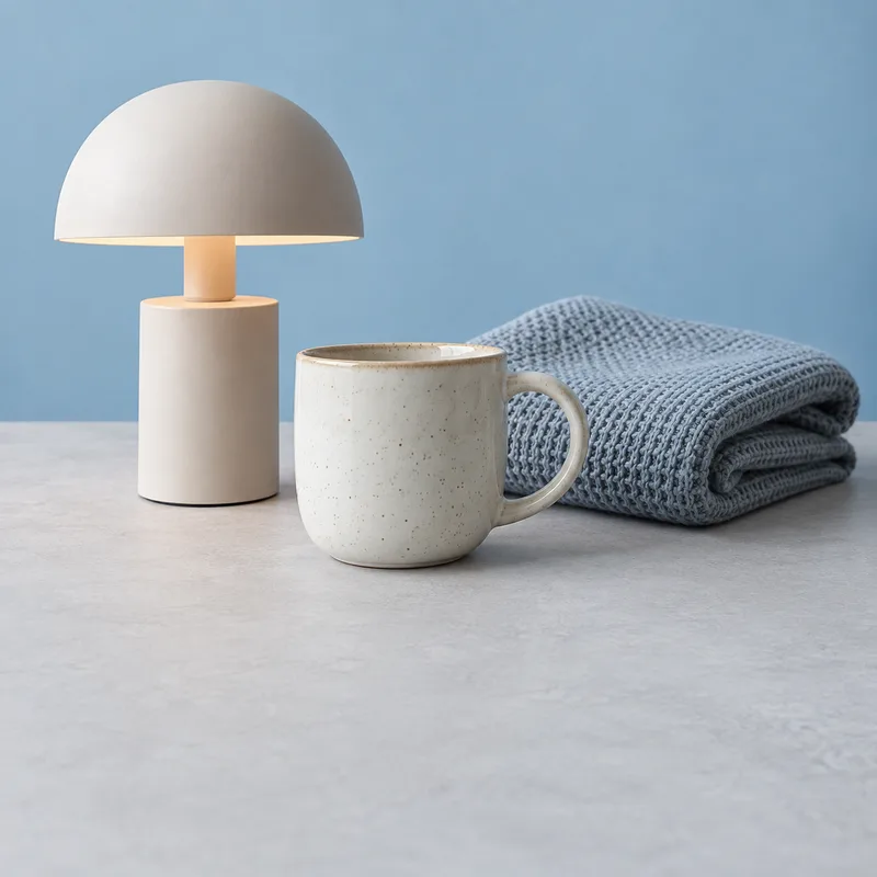 Lamp, mok en gevouwen textiel